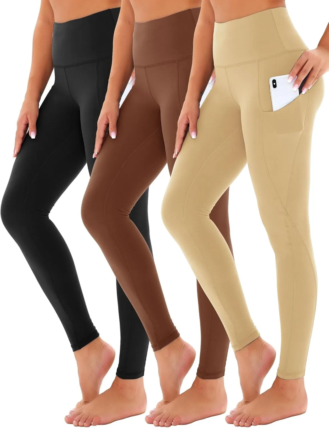 3 Pack Yoga Pants with Pockets for Women, Tummy Control Black Compression Gym Workout Leggings