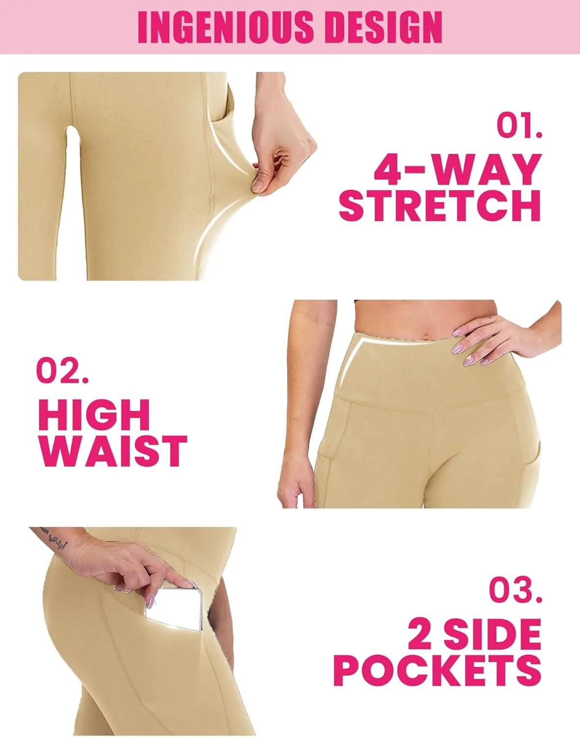 3 Pack Yoga Pants with Pockets for Women, Tummy Control Black Compression Gym Workout Leggings