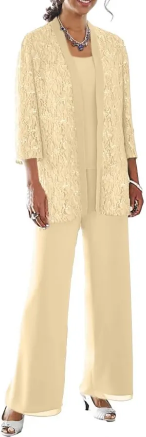 3 Pieces Mother of The Bride Pant Suits with Jacket 3/4 Sleeve Lace Chiffon Dressy Pants Outfit for Women