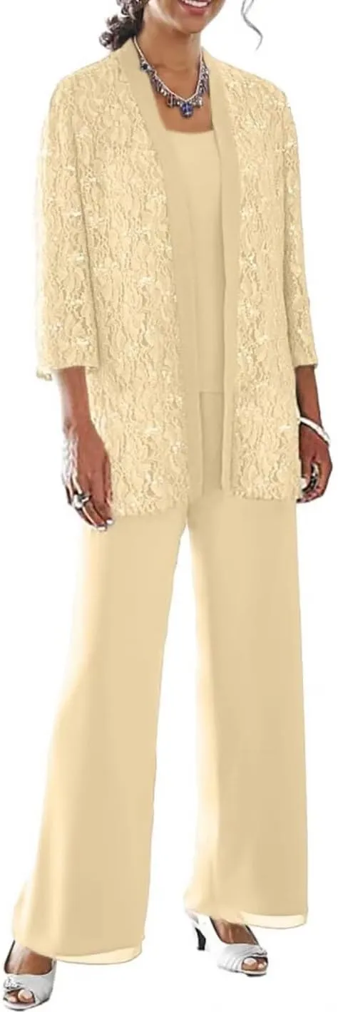 3 Pieces Mother of The Bride Pant Suits with Jacket 3/4 Sleeve Lace Chiffon Dressy Pants Outfit for Women
