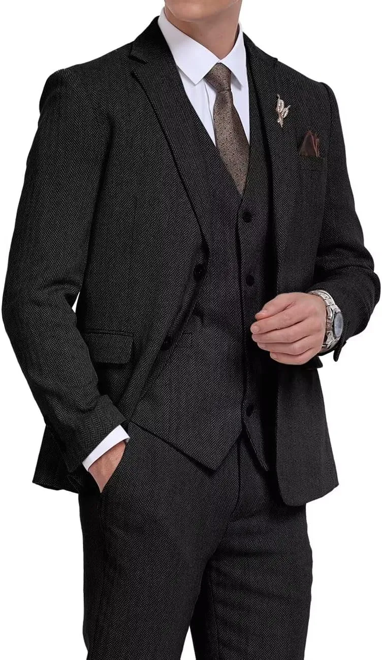 3 Pieces Retro Brown Mens Tweed Suit Slim Fit Wedding Suit Grooms Tuxedos Prom Wool Suits Jacket Vest Pants Set