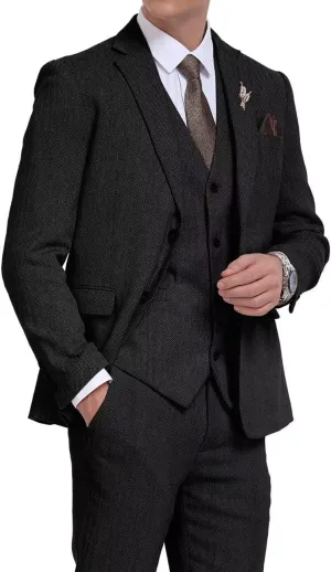 3 Pieces Retro Brown Mens Tweed Suit Slim Fit Wedding Suit Grooms Tuxedos Prom Wool Suits Jacket Vest Pants Set