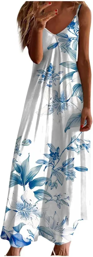 4th of July Dress Women Deals Lightning of Today Prime Maxi Dress for Women Sleeveless Casual V Neck Ruffle Dresses 2024 Lightweight Floral Boho Dress Summer Dress