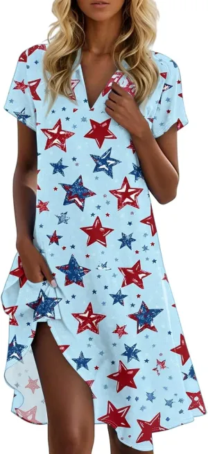 4Th of July Summer Midi Dresses for Women Patriotic Tshirt Dress Collared V Neck Short Sleeve Swing Festival Outfits