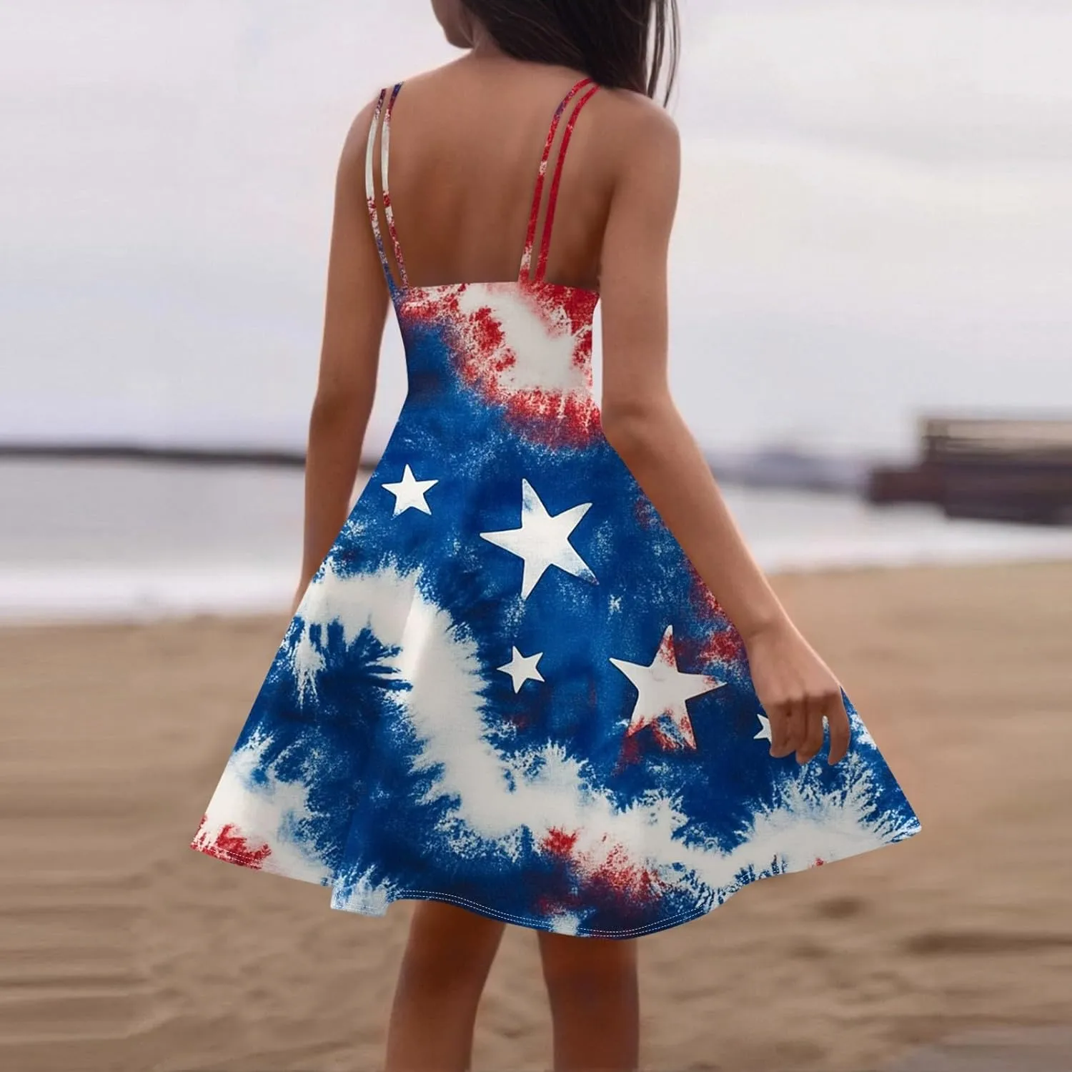 4th of July Womens Dresses Spaghetti Strap American Flag Print Midi Dress 2025 Trendy Summer Vintage Sundress Swing