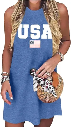 American Flag Tank Dress for Women 4th of July Patriotic Graphic Sleeveless Mini Dress Casual Vacation Short Dresses