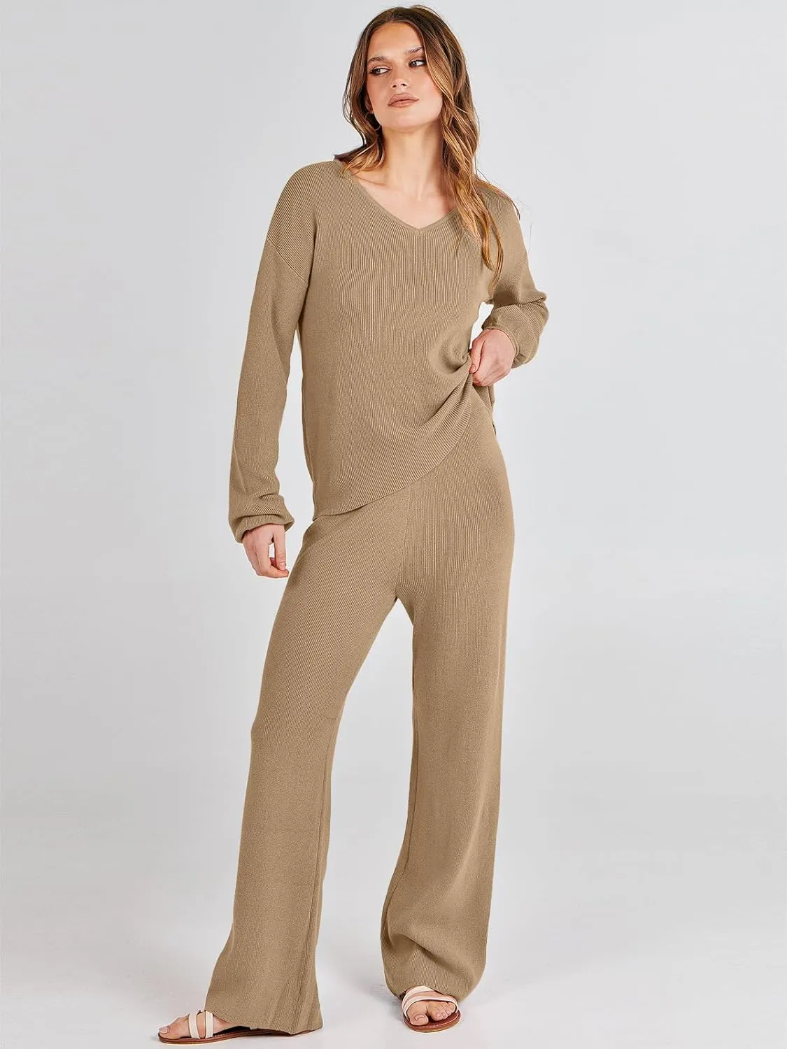 ANRABESS Women 2 Piece Outfits Sweater Lounge Sets Long Sleeve Cable Knit Pullover and Wide Leg Pants Tracksuit Matching Set