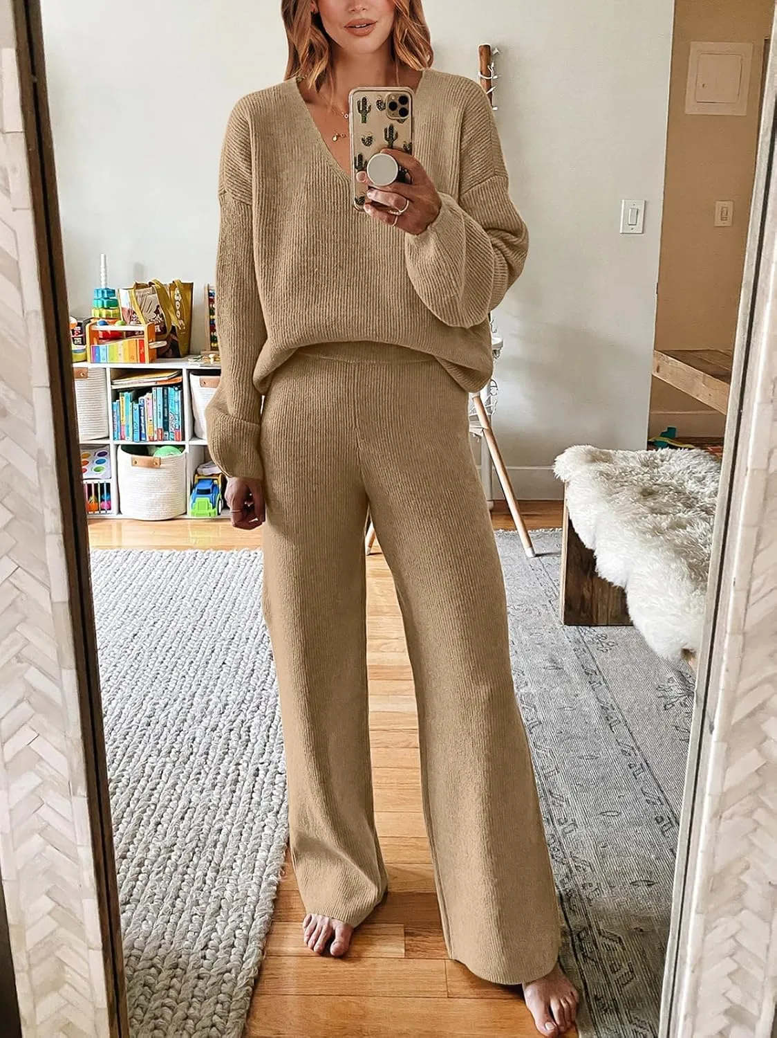 ANRABESS Women 2 Piece Outfits Sweater Lounge Sets Long Sleeve Cable Knit Pullover and Wide Leg Pants Tracksuit Matching Set