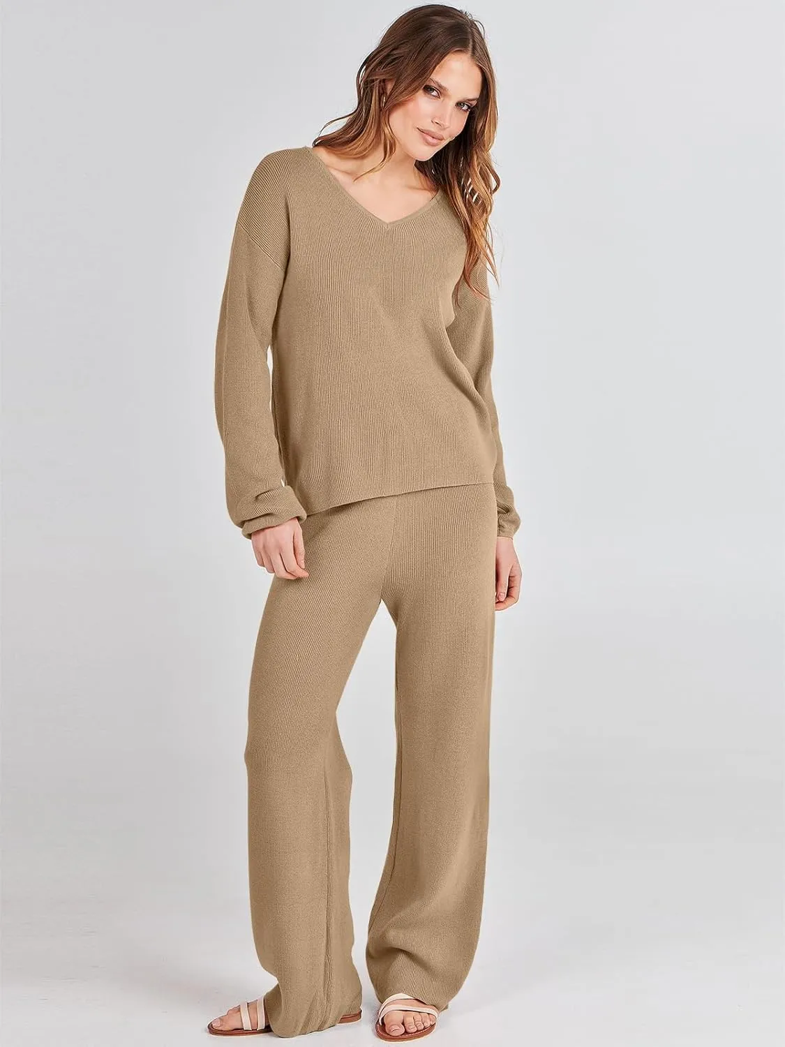 ANRABESS Women 2 Piece Outfits Sweater Lounge Sets Long Sleeve Cable Knit Pullover and Wide Leg Pants Tracksuit Matching Set