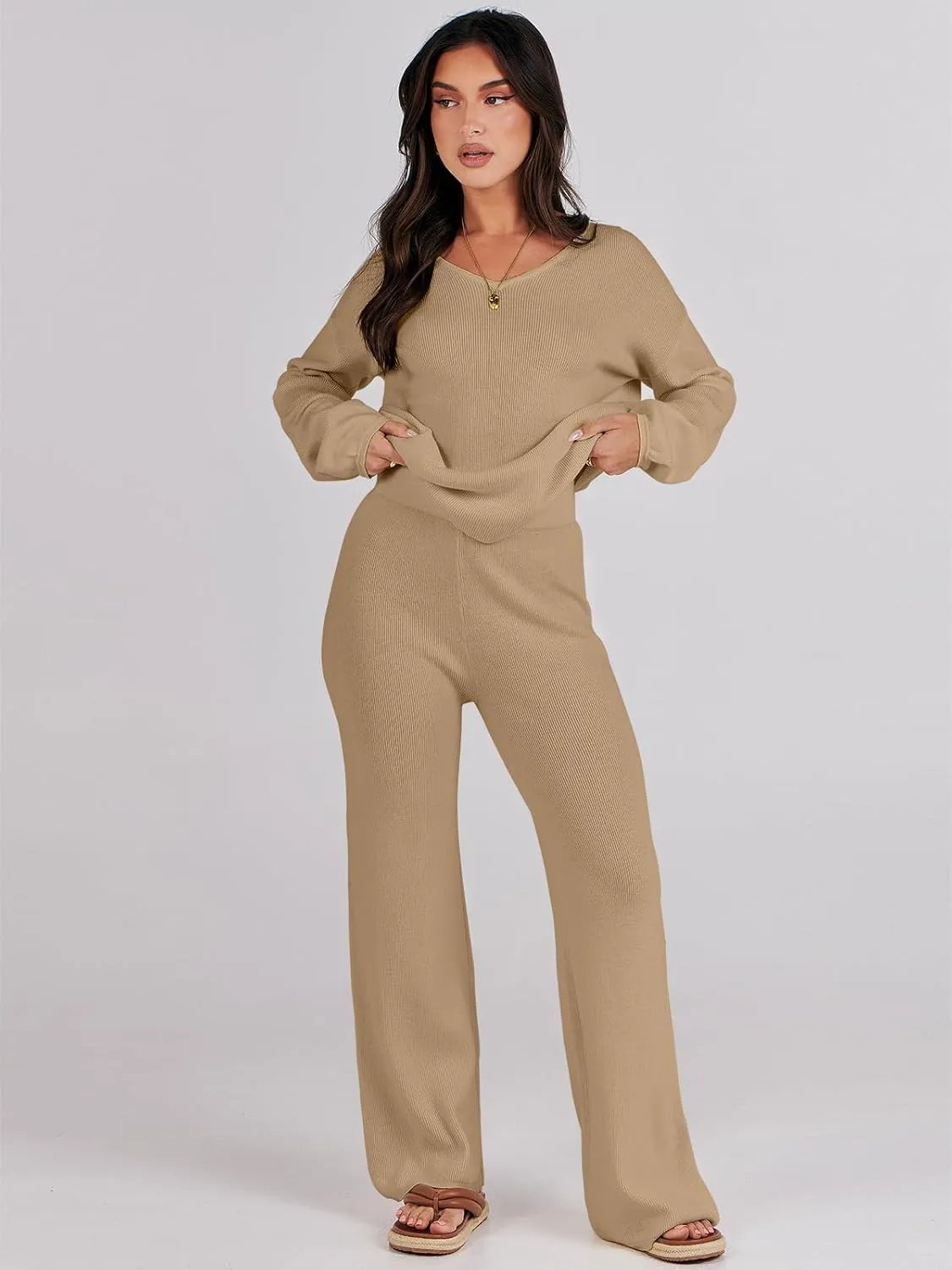 ANRABESS Women 2 Piece Outfits Sweater Lounge Sets Long Sleeve Cable Knit Pullover and Wide Leg Pants Tracksuit Matching Set