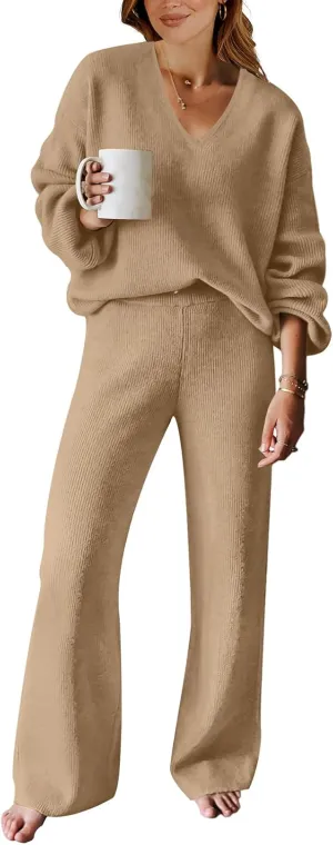 ANRABESS Women 2 Piece Outfits Sweater Lounge Sets Long Sleeve Cable Knit Pullover and Wide Leg Pants Tracksuit Matching Set
