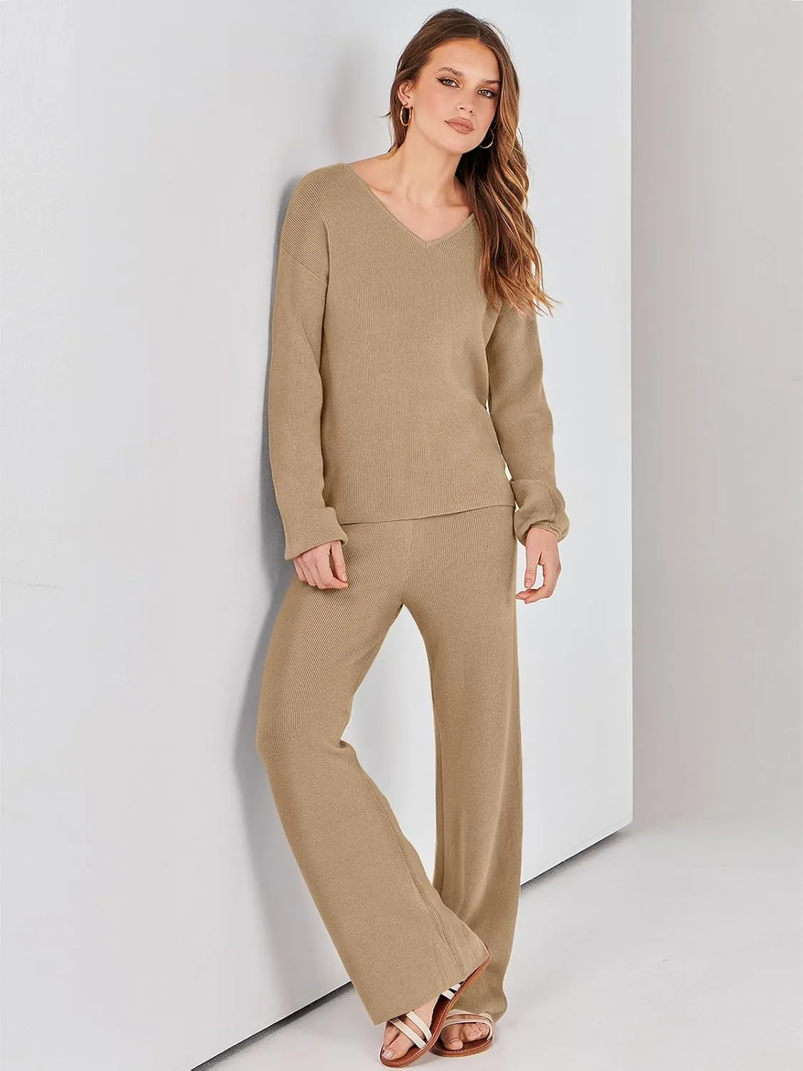 ANRABESS Women 2 Piece Outfits Sweater Lounge Sets Long Sleeve Cable Knit Pullover and Wide Leg Pants Tracksuit Matching Set