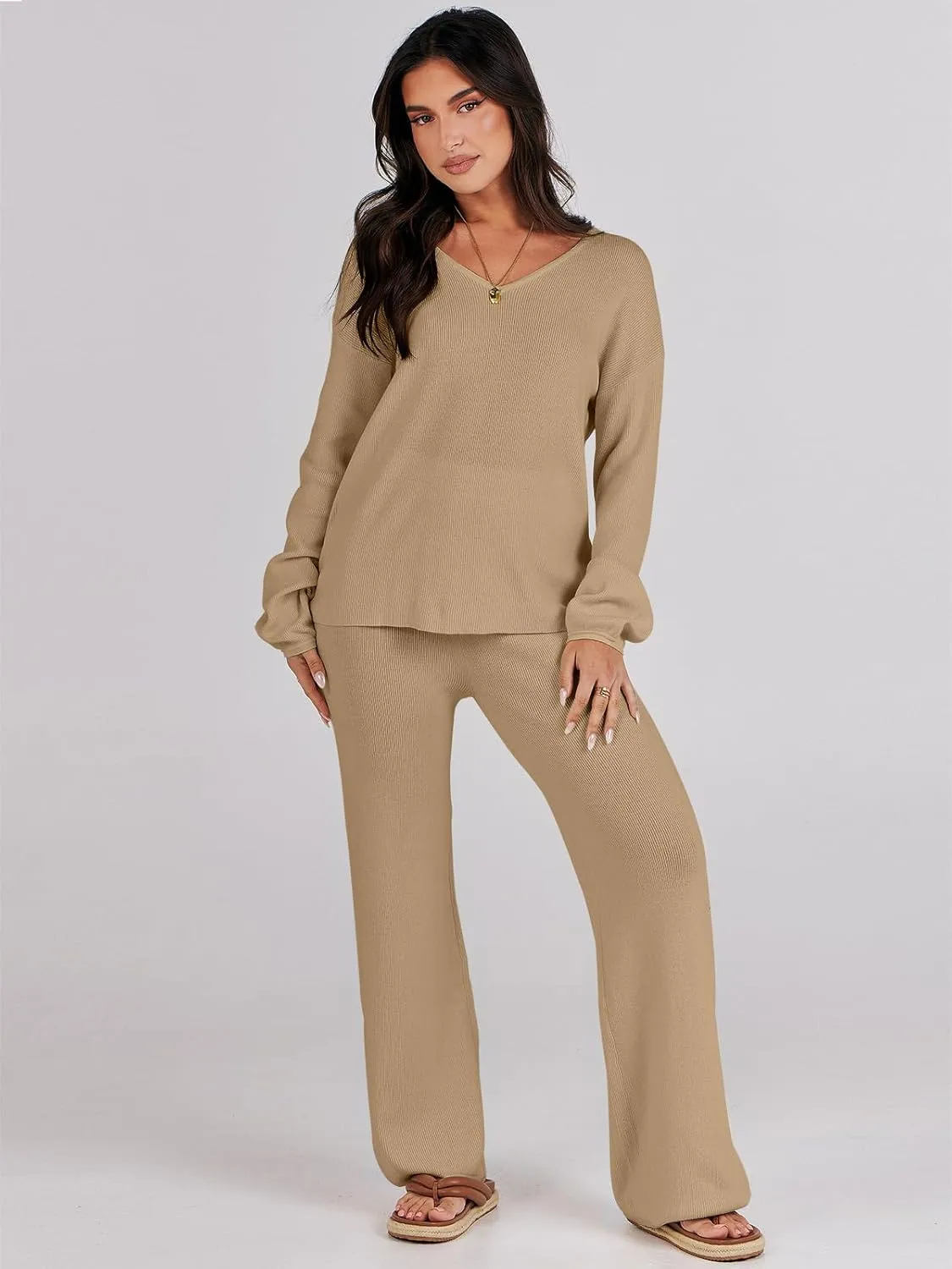 ANRABESS Women 2 Piece Outfits Sweater Lounge Sets Long Sleeve Cable Knit Pullover and Wide Leg Pants Tracksuit Matching Set