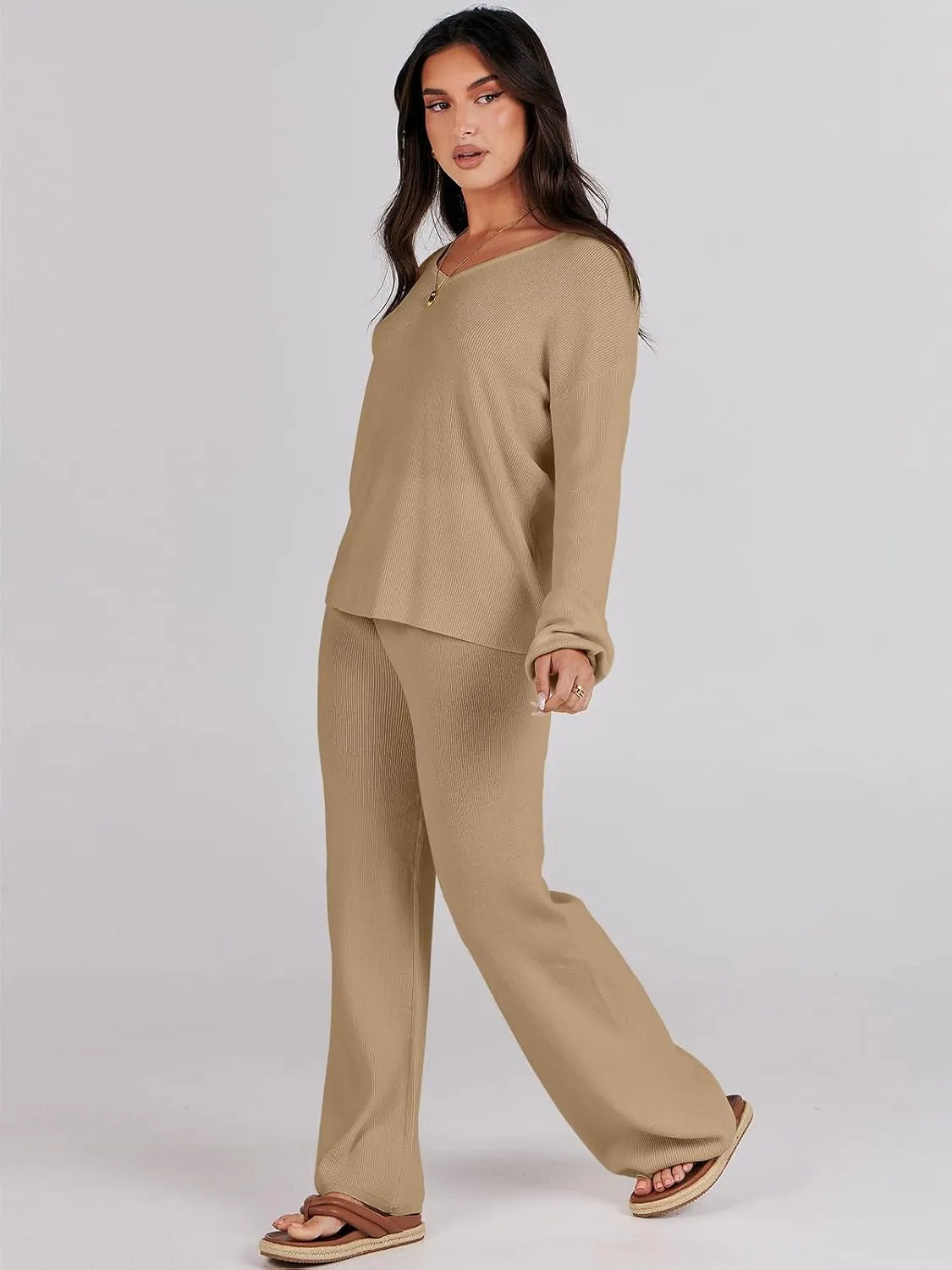 ANRABESS Women 2 Piece Outfits Sweater Lounge Sets Long Sleeve Cable Knit Pullover and Wide Leg Pants Tracksuit Matching Set