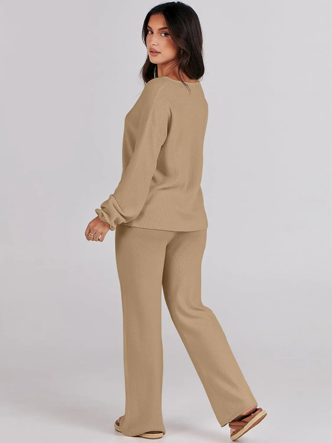 ANRABESS Women 2 Piece Outfits Sweater Lounge Sets Long Sleeve Cable Knit Pullover and Wide Leg Pants Tracksuit Matching Set