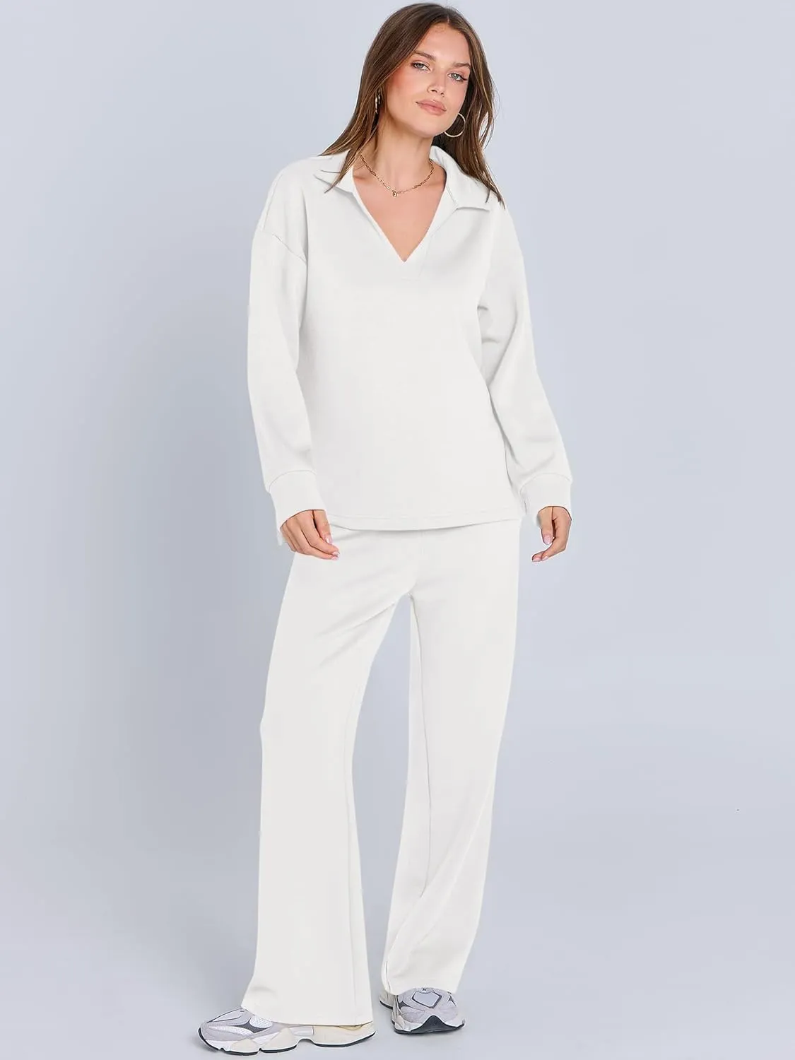 ANRABESS Women's 2 Piece Outfits Lounge Sets Casual Long Sleeve Sweatsuits Polo Top Wide Leg Pants Spring Sweat Matching Sets