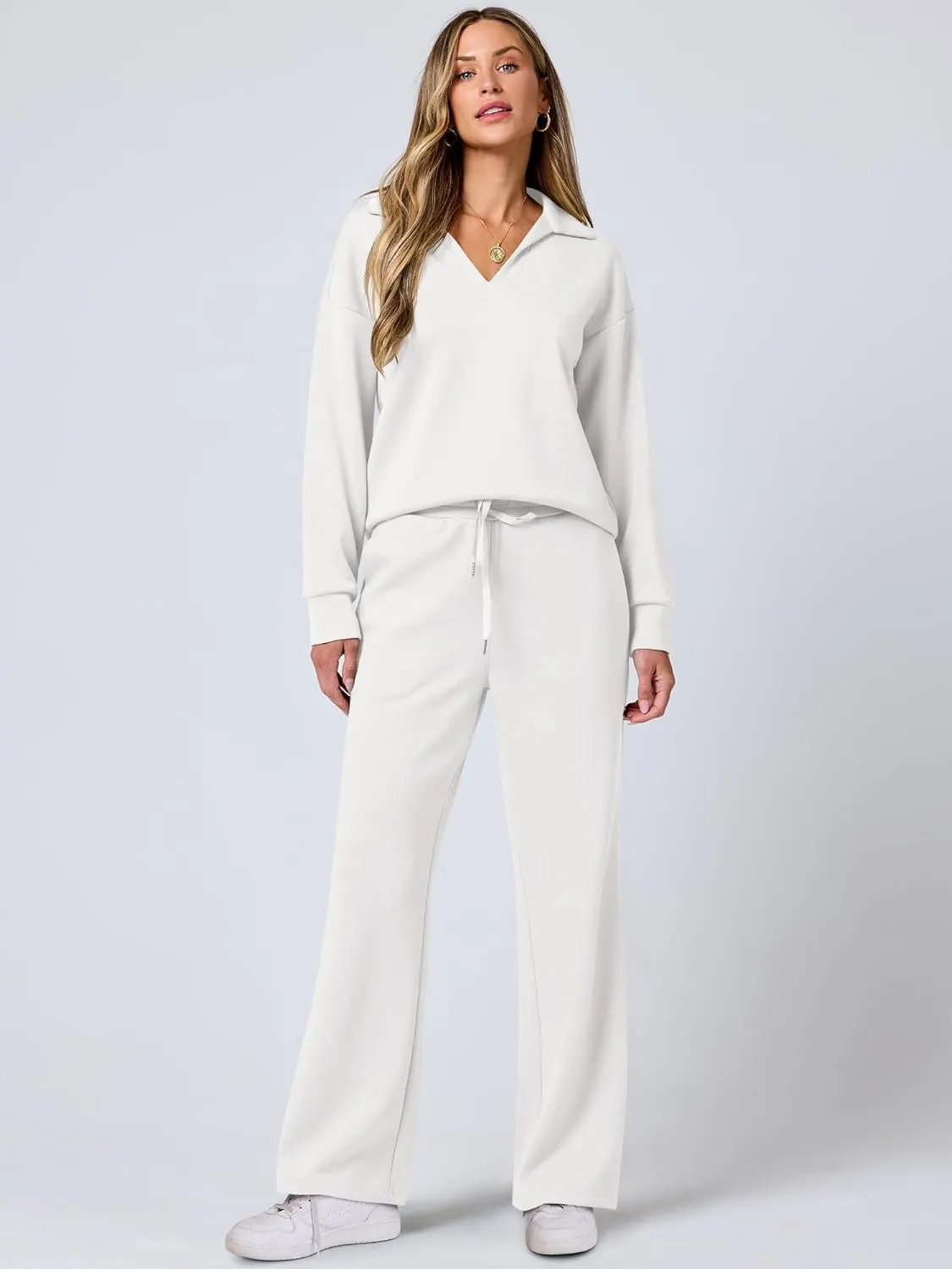 ANRABESS Women's 2 Piece Outfits Lounge Sets Casual Long Sleeve Sweatsuits Polo Top Wide Leg Pants Spring Sweat Matching Sets
