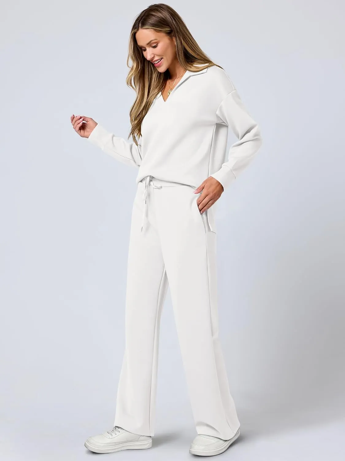 ANRABESS Women's 2 Piece Outfits Lounge Sets Casual Long Sleeve Sweatsuits Polo Top Wide Leg Pants Spring Sweat Matching Sets