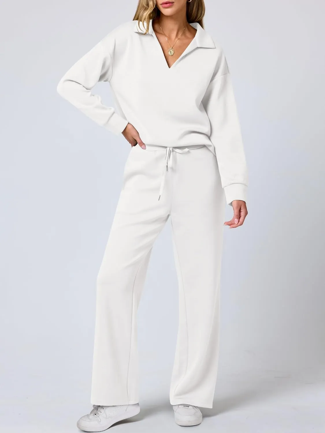 ANRABESS Women's 2 Piece Outfits Lounge Sets Casual Long Sleeve Sweatsuits Polo Top Wide Leg Pants Spring Sweat Matching Sets