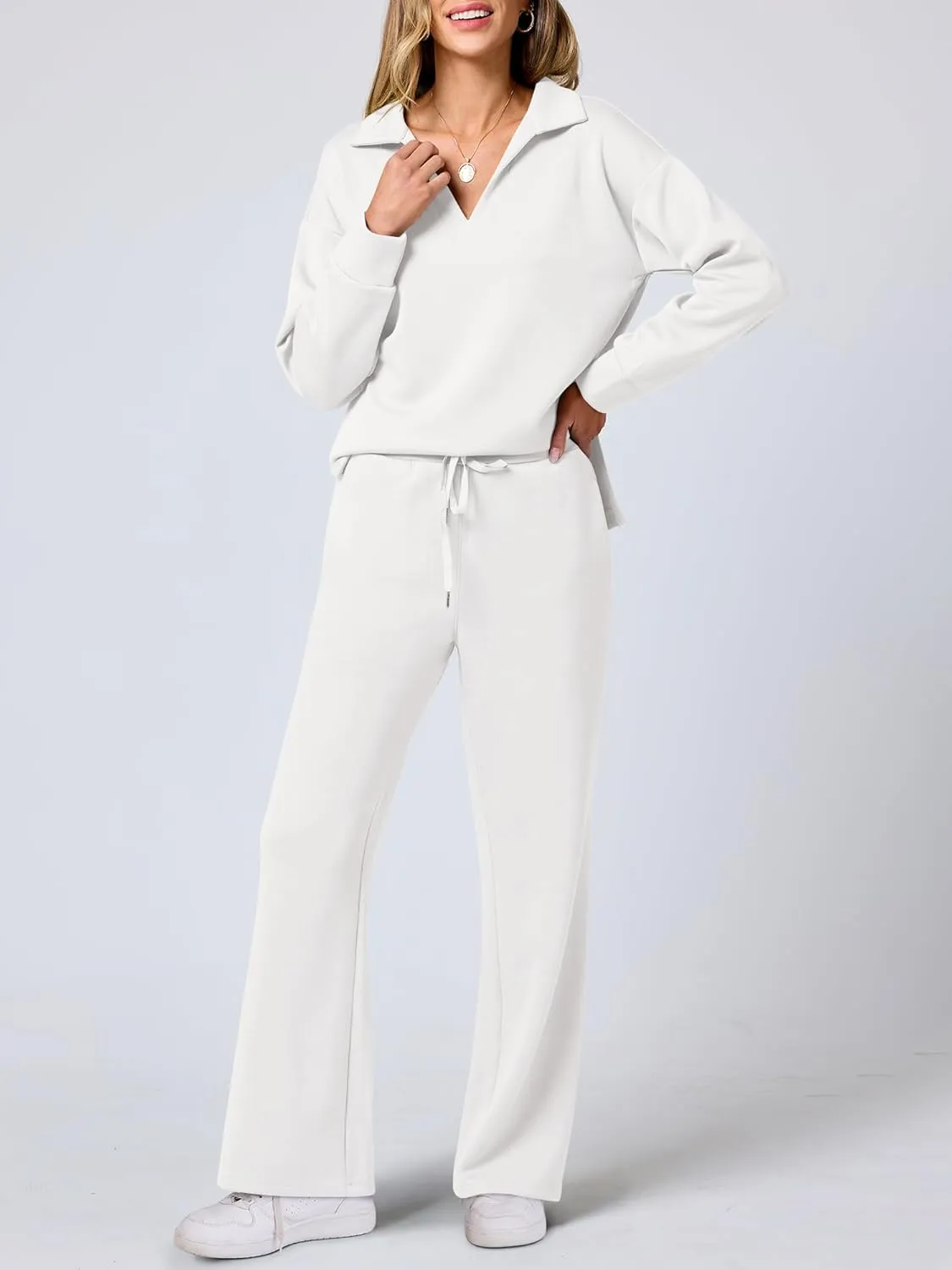 ANRABESS Women's 2 Piece Outfits Lounge Sets Casual Long Sleeve Sweatsuits Polo Top Wide Leg Pants Spring Sweat Matching Sets