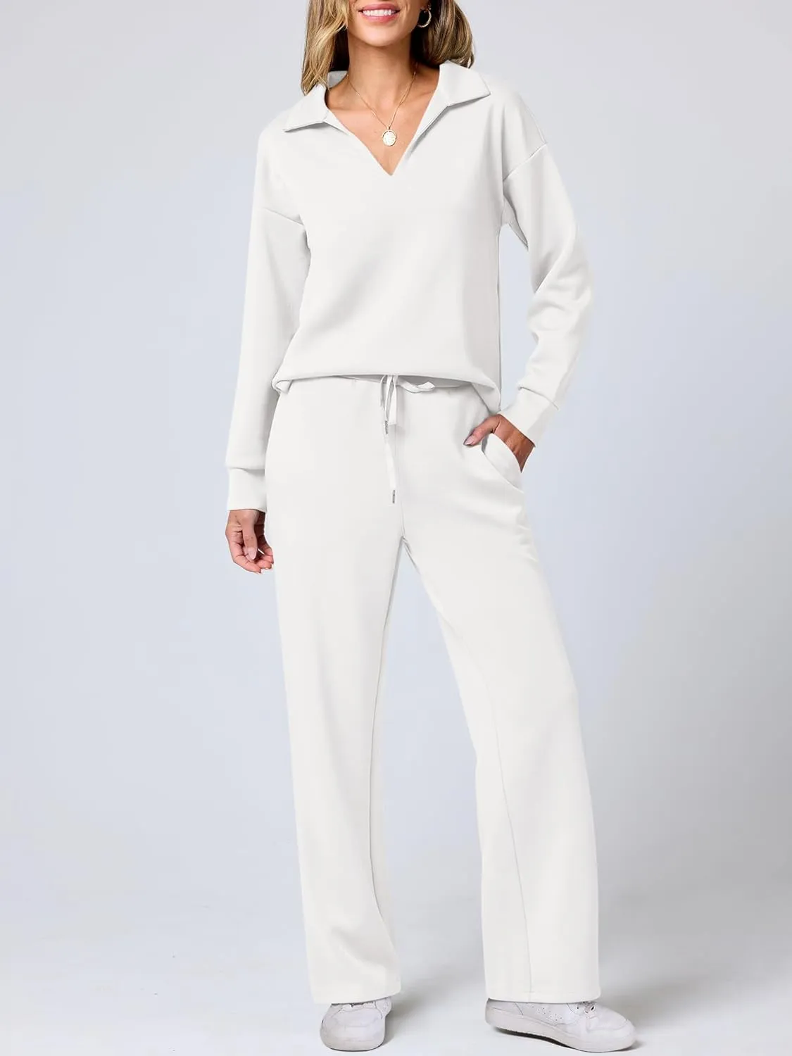ANRABESS Women's 2 Piece Outfits Lounge Sets Casual Long Sleeve Sweatsuits Polo Top Wide Leg Pants Spring Sweat Matching Sets