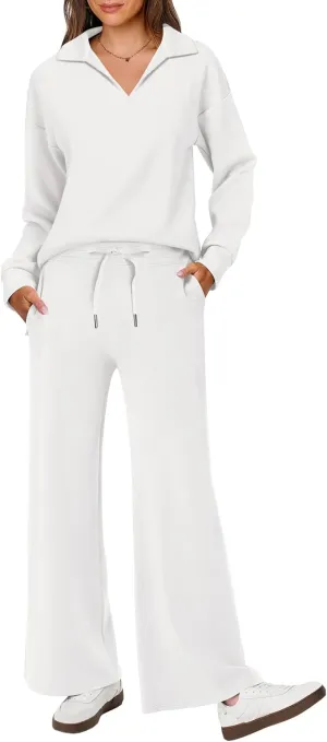 ANRABESS Women's 2 Piece Outfits Lounge Sets Casual Long Sleeve Sweatsuits Polo Top Wide Leg Pants Spring Sweat Matching Sets