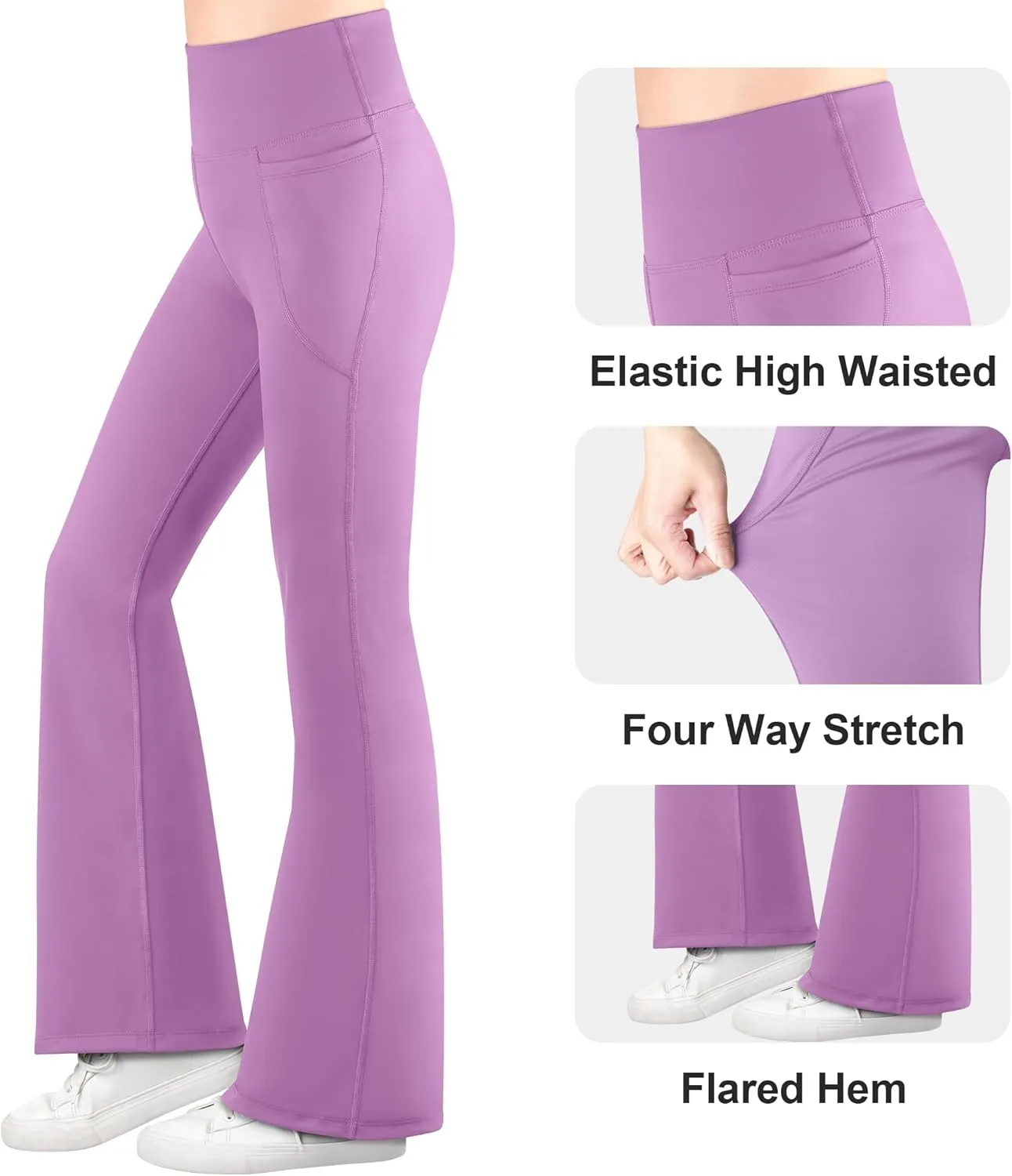 BIG ELEPHANT Girl's Flare Leggings with Pockets, Kids Bootcut Yoga Pants, High Waisted Bell Bottoms for Dance