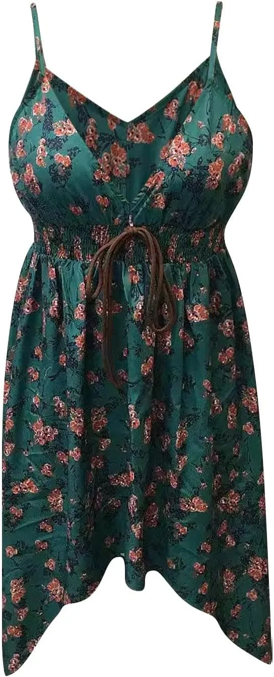 Boho Dresses for Women Floral Print Sexy Vintage Sleeveless V Neck Ruffle Hem Mini Dress Summer Casual Sundresses