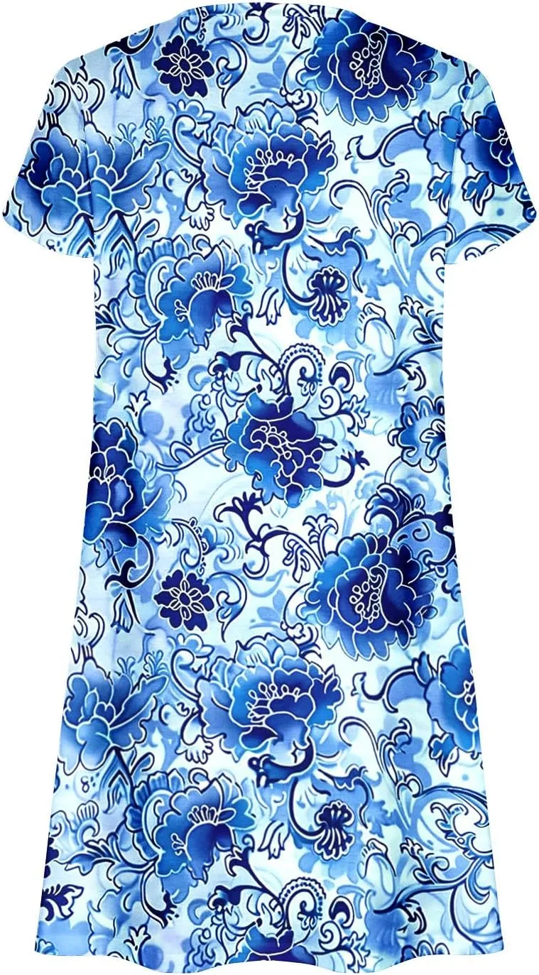 Boho Dresses for Women Summer Floral Print Short Sleeve Crew Neck Mini Dress 2025 Casual Beach A Line Flowy Sundress