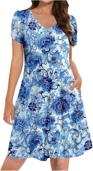 Boho Dresses for Women Summer Floral Print Short Sleeve Crew Neck Mini Dress 2025 Casual Beach A Line Flowy Sundress