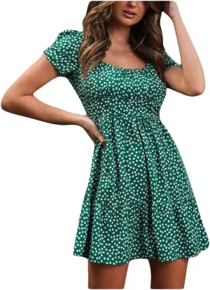 Boho Sundress Womens Floral Dresses 2024 Short Sleeve Corset Milkmaid Summer Ruffle Tiered Puff Casual Swing Mini