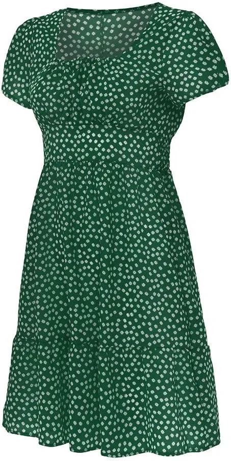 Boho Sundress Womens Floral Dresses 2024 Short Sleeve Corset Milkmaid Summer Ruffle Tiered Puff Casual Swing Mini