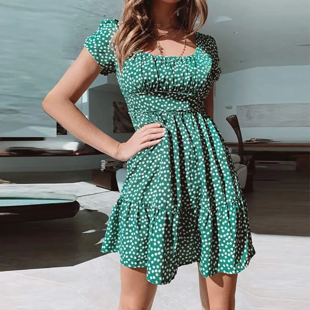 Boho Sundress Womens Floral Dresses 2024 Short Sleeve Corset Milkmaid Summer Ruffle Tiered Puff Casual Swing Mini