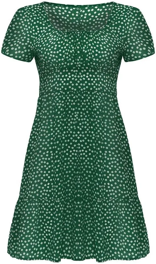 Boho Sundress Womens Floral Dresses 2024 Short Sleeve Corset Milkmaid Summer Ruffle Tiered Puff Casual Swing Mini