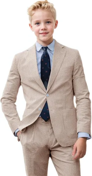Boys Seersucker Suit 2 Piece Slim Fit Summer Beach Wedding Outfit Kids Blazer Jacket Dressing Pants Suits for Toddler Teenage