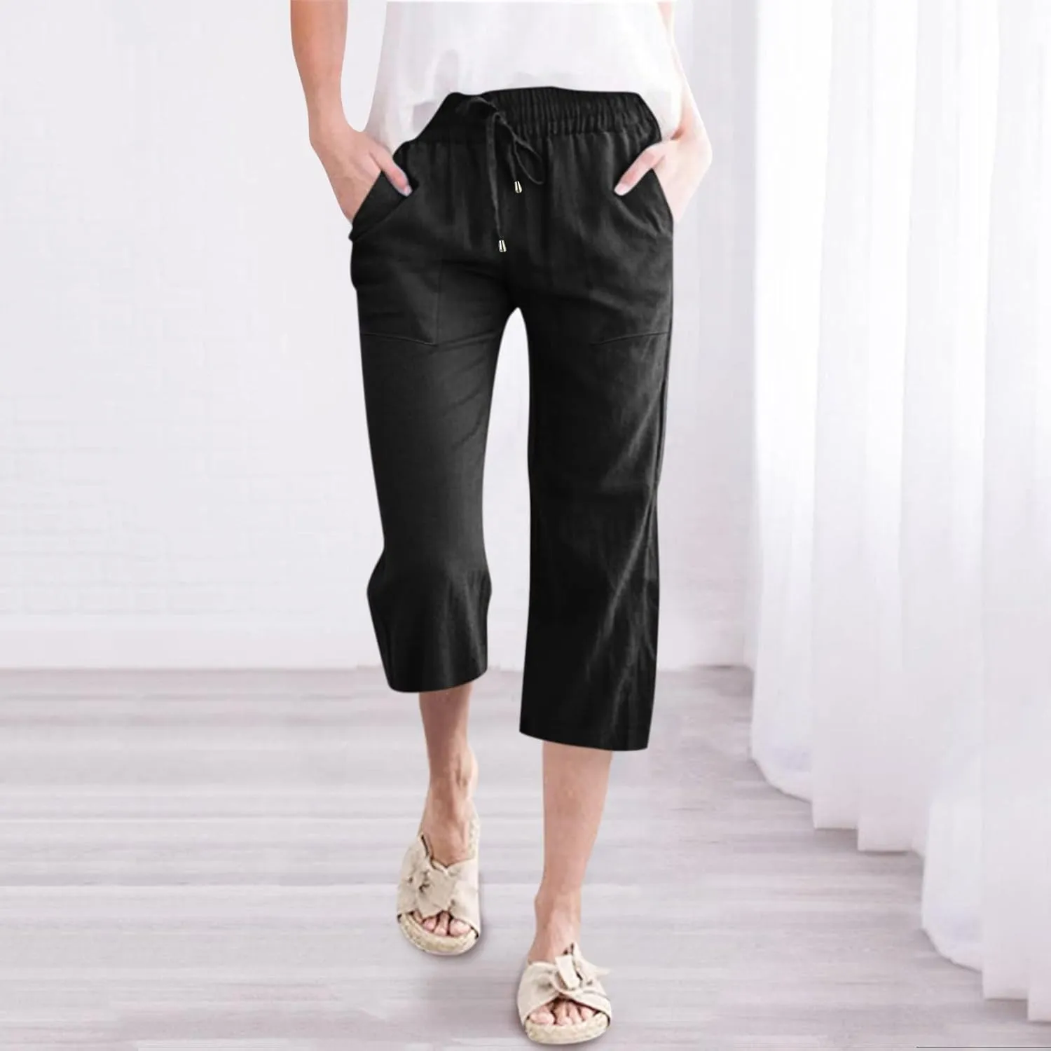 Capri Pants for Women Casual Summer Linen Pants Wide Leg Drawstring High Waist Baggy Cropped Trousers with Pockets