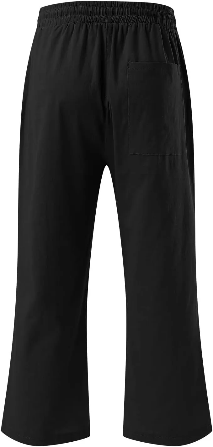 Capri Pants for Women Casual Summer Linen Pants Wide Leg Drawstring High Waist Baggy Cropped Trousers with Pockets