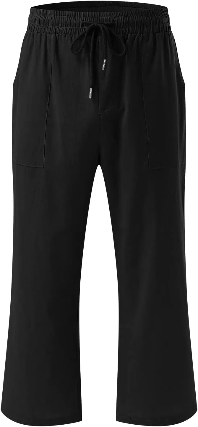 Capri Pants for Women Casual Summer Linen Pants Wide Leg Drawstring High Waist Baggy Cropped Trousers with Pockets
