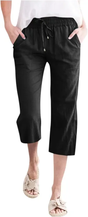 Capri Pants for Women Casual Summer Linen Pants Wide Leg Drawstring High Waist Baggy Cropped Trousers with Pockets
