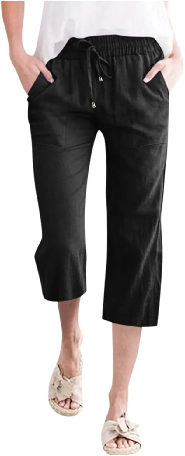 Capri Pants for Women Casual Summer Linen Pants Wide Leg Drawstring High Waist Baggy Cropped Trousers with Pockets
