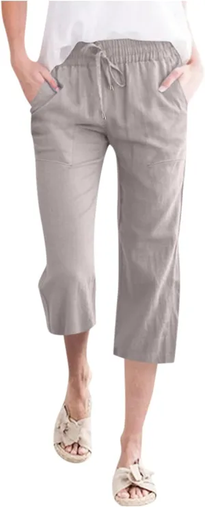 Capri Pants for Women Summer Linen Pants Drawstring Waist Casual Loose Wide Leg Trousers Cropped Slacks with Pockets