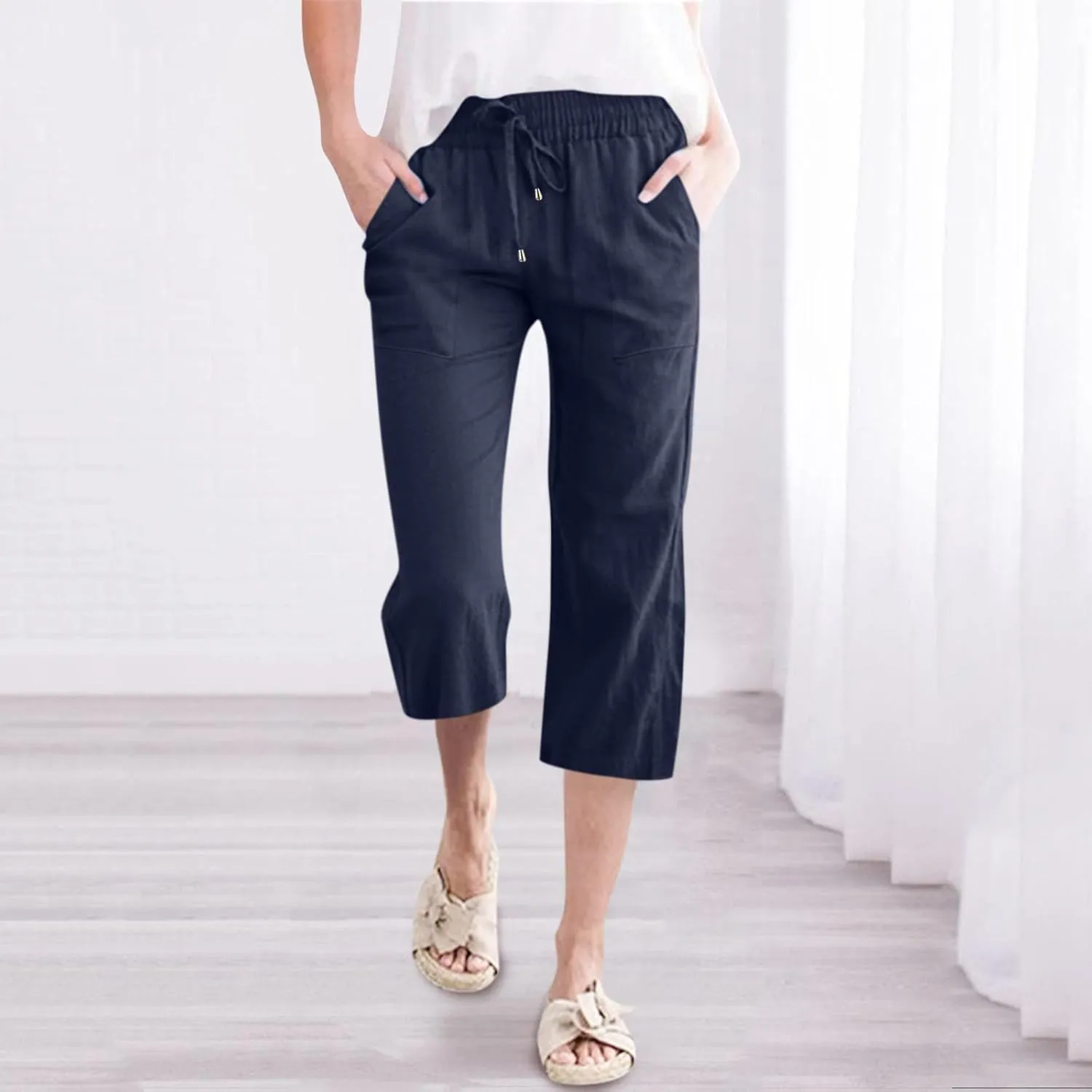 Capri Pants for Women Summer Linen Pants Drawstring Waist Casual Loose Wide Leg Trousers Cropped Slacks with Pockets