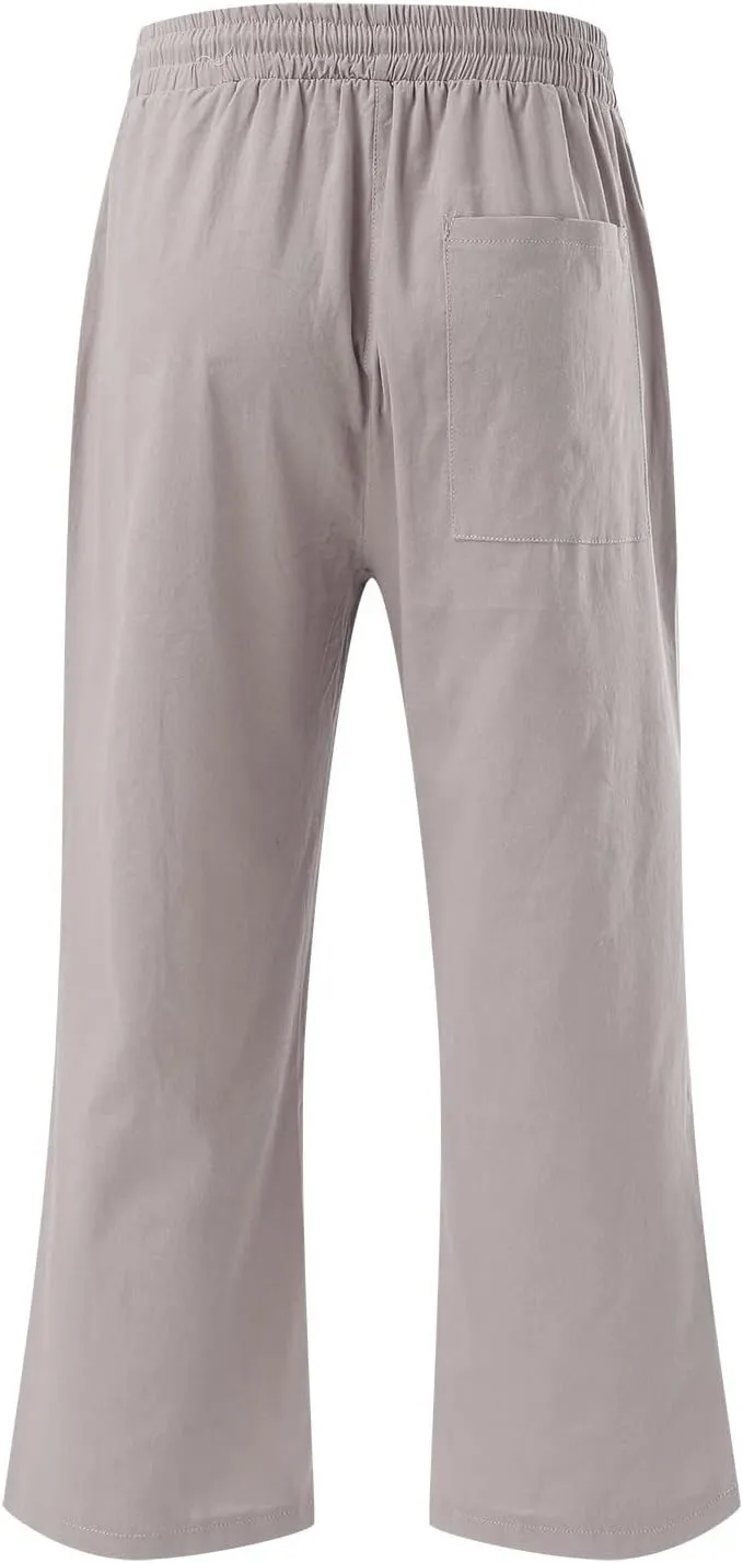 Capri Pants for Women Summer Linen Pants Drawstring Waist Casual Loose Wide Leg Trousers Cropped Slacks with Pockets