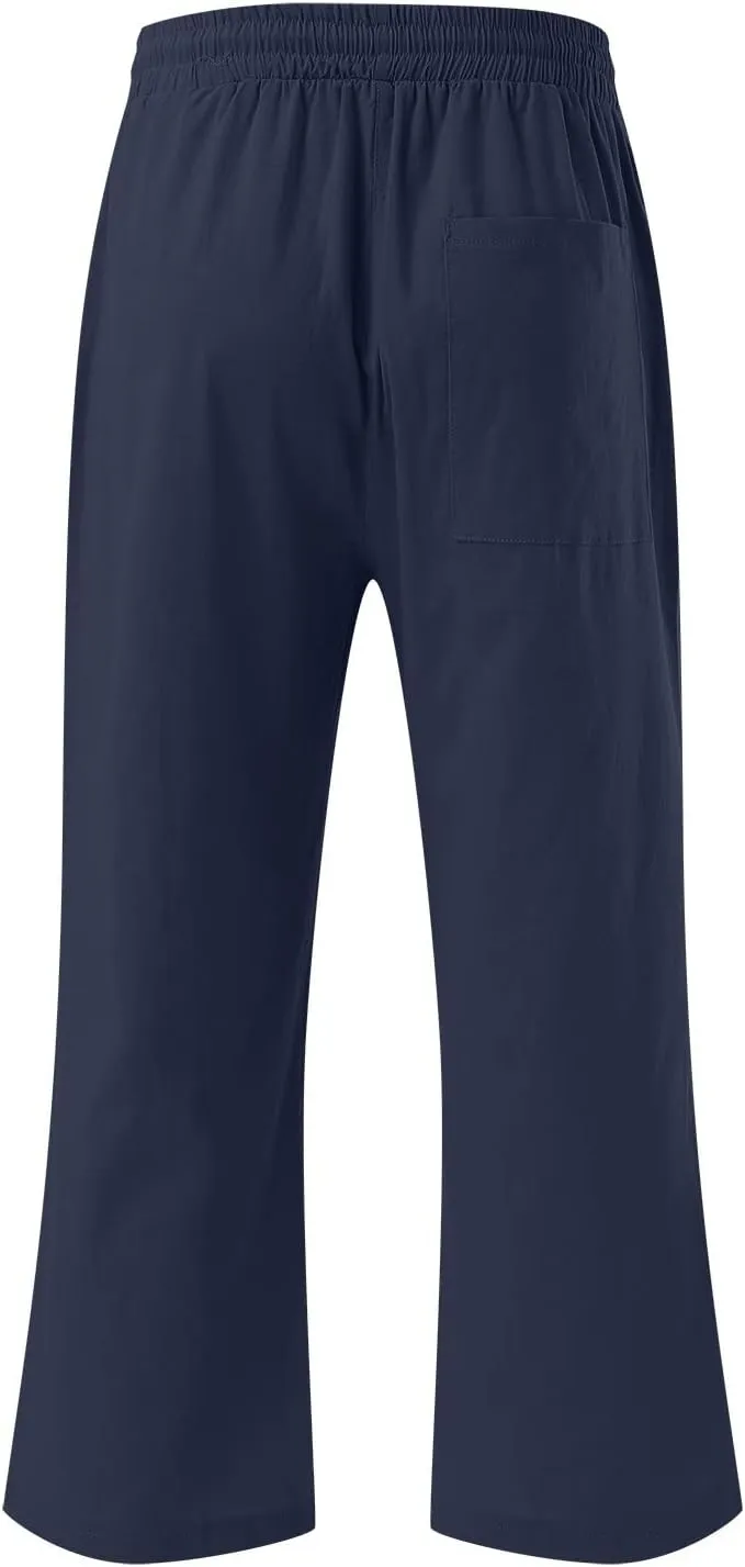 Capri Pants for Women Summer Linen Pants Drawstring Waist Casual Loose Wide Leg Trousers Cropped Slacks with Pockets