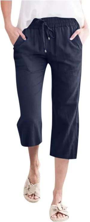 Capri Pants for Women Summer Linen Pants Drawstring Waist Casual Loose Wide Leg Trousers Cropped Slacks with Pockets