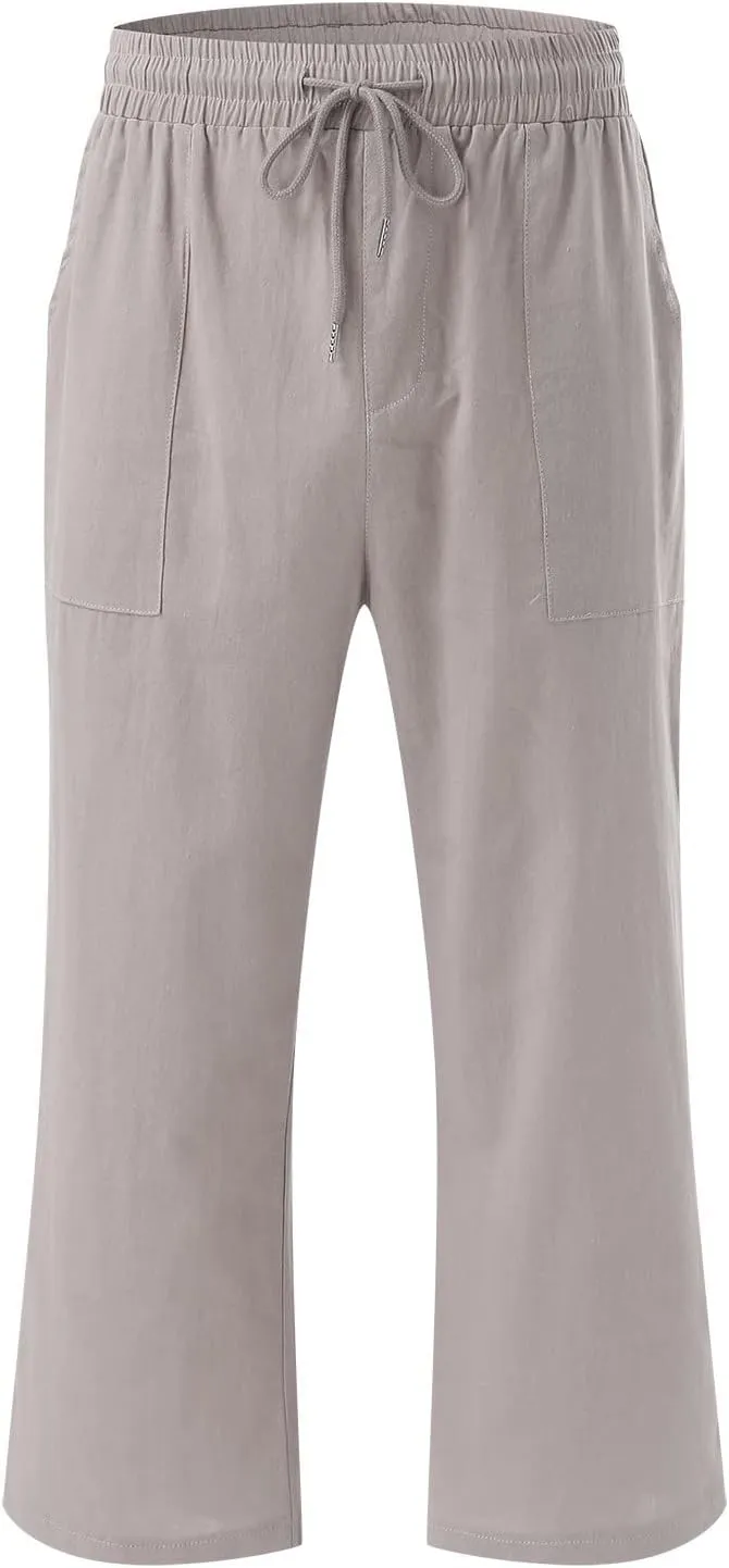 Capri Pants for Women Summer Linen Pants Drawstring Waist Casual Loose Wide Leg Trousers Cropped Slacks with Pockets