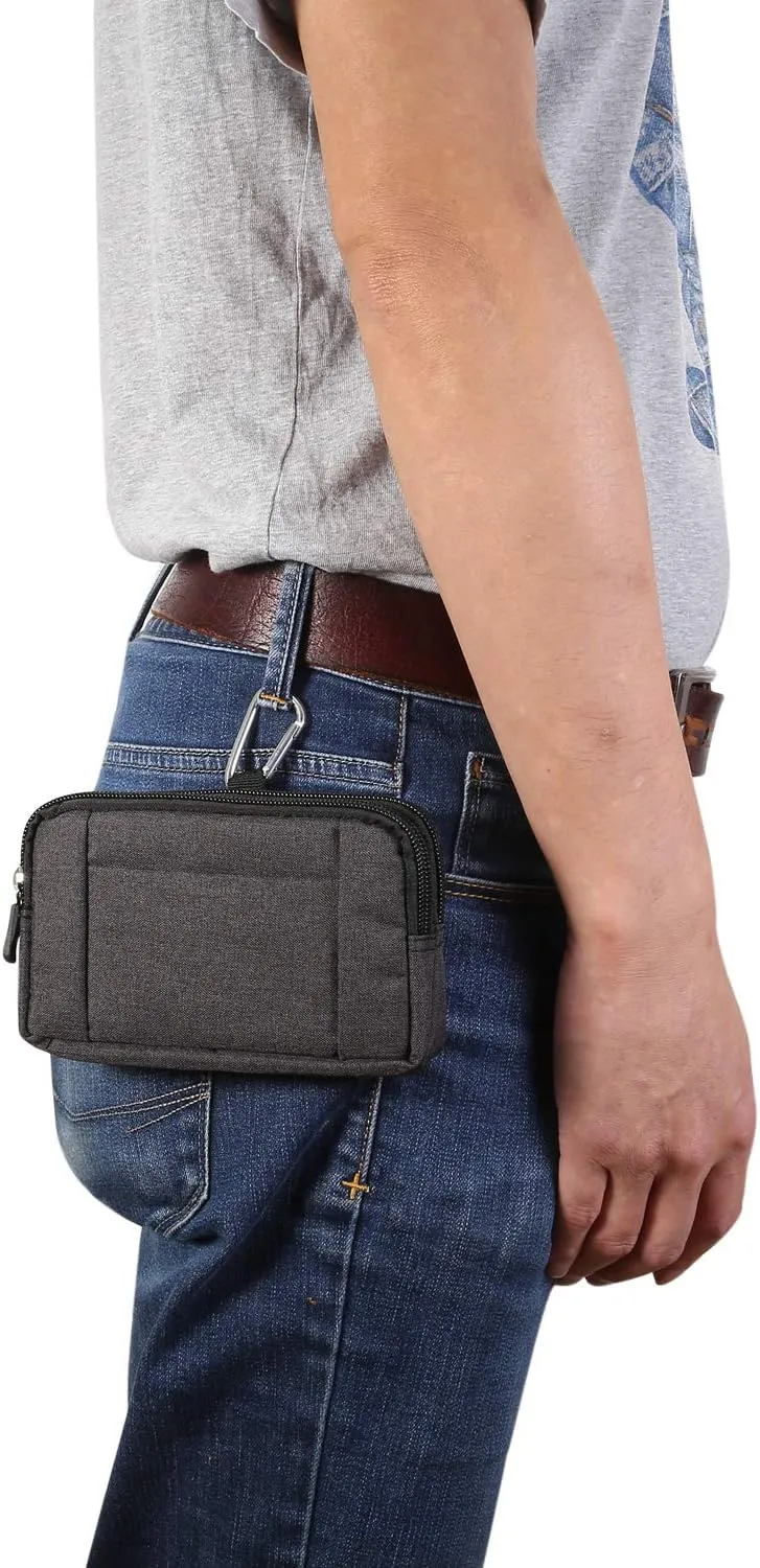 Cell Phone Belt Waist Pouch, Cell Phone Bag Waist Men, Universal Horizontal Zipper Mobile Phone Holster Waist Pack Wallet Case with Belt Clip Loop and Carabiner Smartphone Sport Travel Pocket Purse