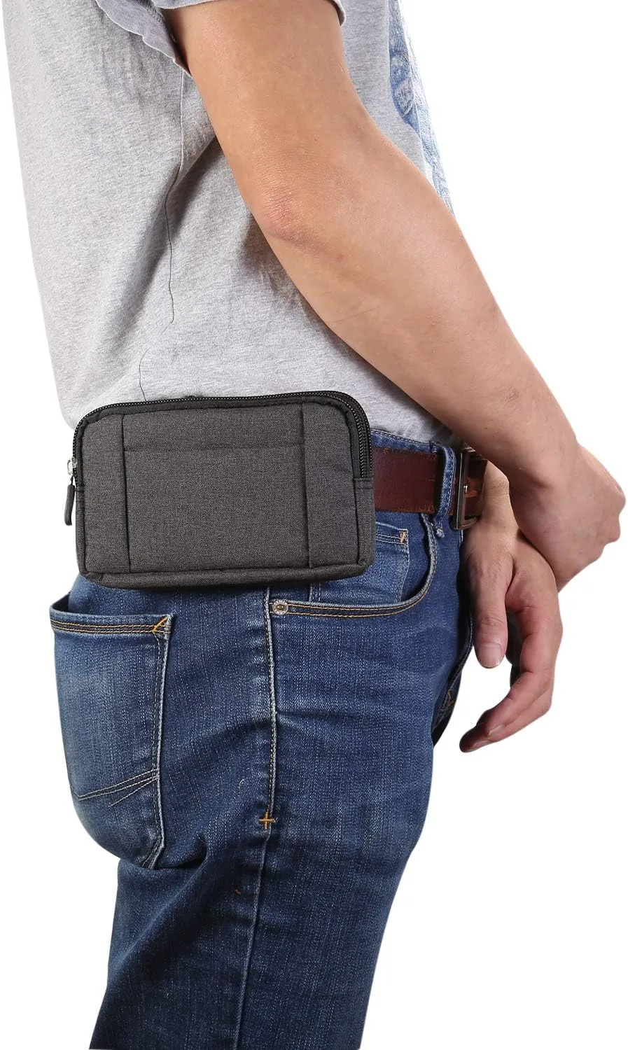 Cell Phone Belt Waist Pouch, Cell Phone Bag Waist Men, Universal Horizontal Zipper Mobile Phone Holster Waist Pack Wallet Case with Belt Clip Loop and Carabiner Smartphone Sport Travel Pocket Purse