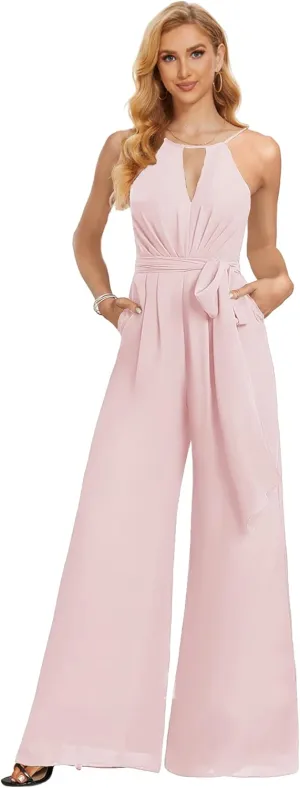 Chiffon Bridesmaid Jumpsuits for Wedding Halter Formal Dress with Pockets Wide Leg Long Pants