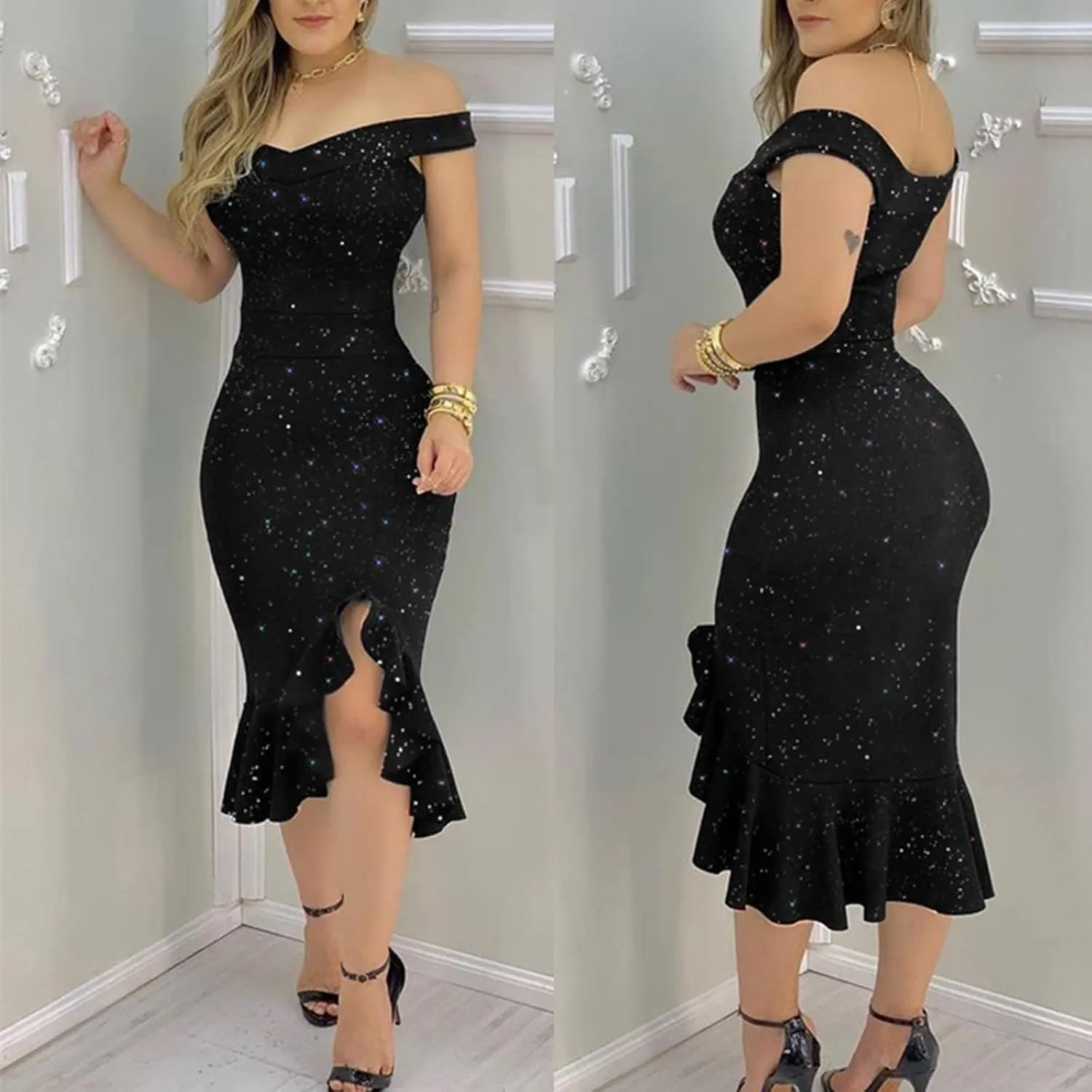 Cocktail Dress for Women,2024 Elegant Sexy Skinny Wedding Guest Dress,Trendy Ruched Slit Irregular Party Dress
